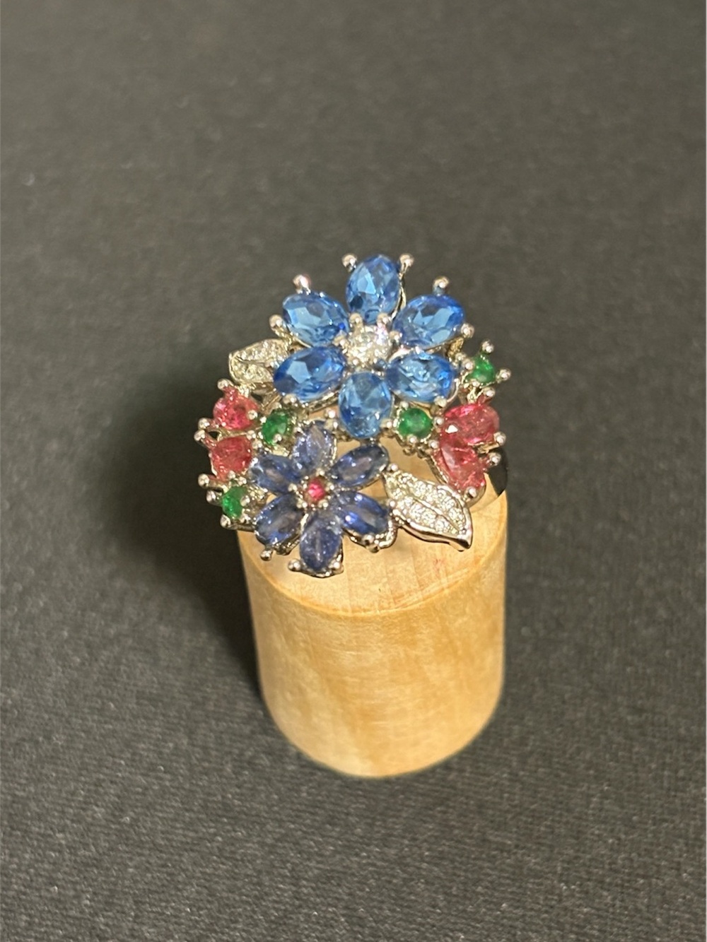 Multicolor Floral Cluster Ring — Blue, Pink & Green Gem Accents